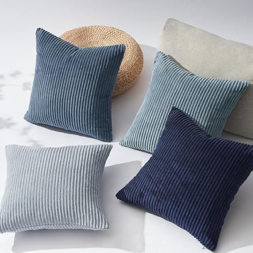 Topfinel Decorative Throw Pillow Covers Dusty Blue Navy Series 16x16 Inch Set of 4,Summer Corduroy Striped Toss Pillows for Couch,Patio,Balcony,Children Bedroom,Modern Fluffy Blue Gradient Shams - Image 4