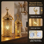 TRIROCKS Metal Ramadan Lanterns Set of 2 Gold Plated Candle Holders 14" &11.5" H Crescent Moon Intricate Etched Vintage Decor Table Lamps for Indoor/Outdoor Decor, Perfect EID Mubarak Gift - Image 4