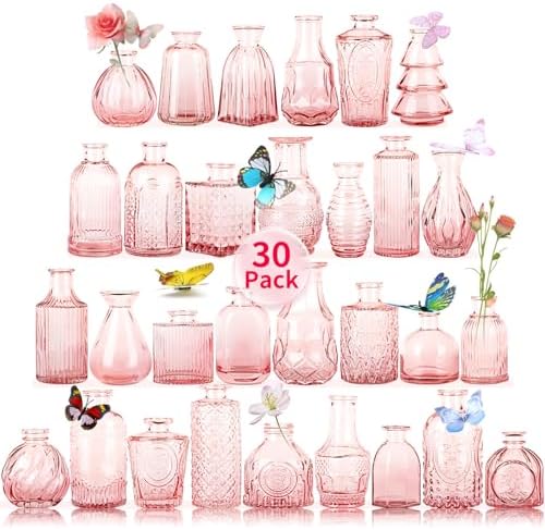 Glass Bud Vases in Bulk Set of 30 Pcs,Small Glass Vases for Flowers as Wedding Centerpieces for Tables,Clear Flower Vases Suitble for Wedding Decorations,Home Decor (Light Pink, 30 pcs) by earthgadgets