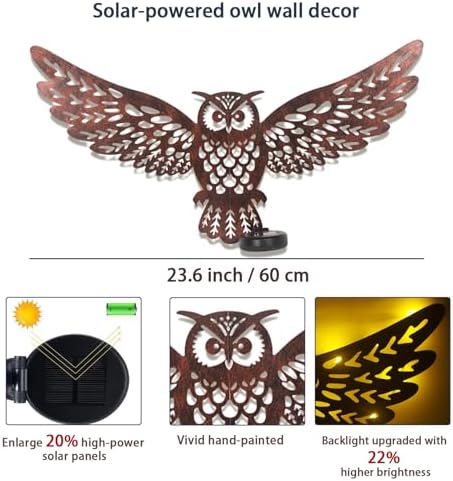2 Pack 23" Metal Owl Outdoor Wall Decor with 35 Led Solar Lights - Image 5