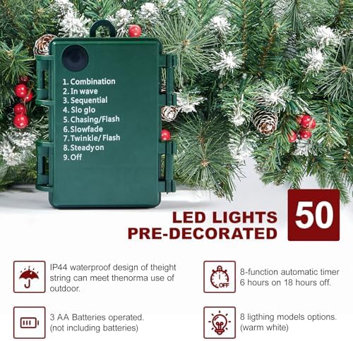 9Ft Artificial Christmas Garland with 50 Lights, Xmas Holiday Decoration Snow Flocked Artificial Garland with Pinecones Berries for Stairs Fireplaces Wall Door for Stairs - Image 2