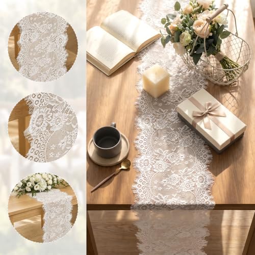 20 Pcs White Lace Table Runner, 14x120 Inch Embroidered Floral Table Runner - Image 3