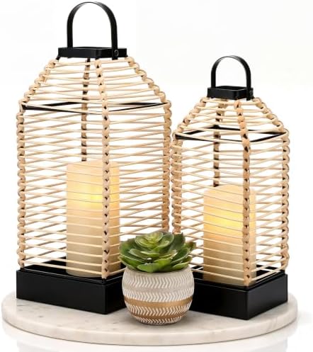Baquler Natural Rattan Wicker Lantern Set of 2, Boho Handwoven - No Candles by Baquler