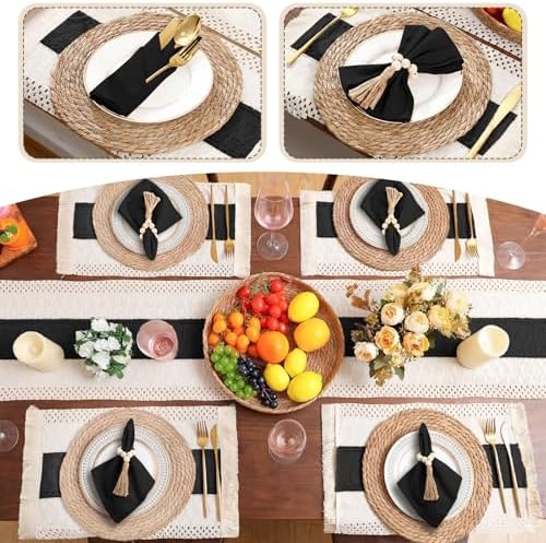 4 Sets Boho Table Runner and Woven Round Placemats Set, Black, 12x72 - Image 5