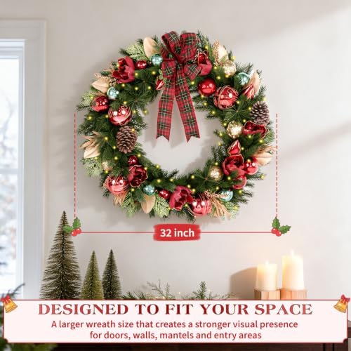 Hykolity 32 Inch Pre-Lit Magnolia Christmas Wreath, Battery Operated Lighted Wreath with 60 Warm White LEDs, Timer, Burgundy Flowers, Plaid Bow, Ornaments and Pinecones for Front Door - Image 3