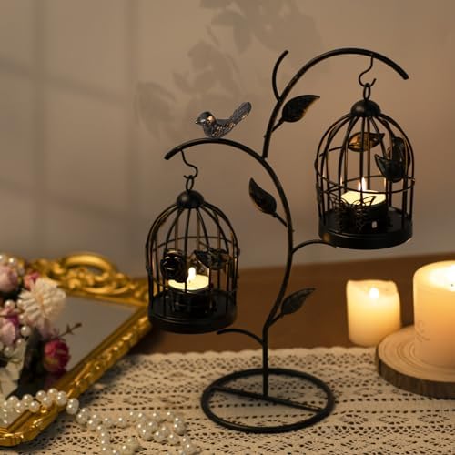 Decorative Birdcage Candle Holders for Tealight Candles, 13.8in Tall Black Vintage Candle Holder, Metal Bird cage Candle Stands for Rustic Home Decor Table Wedding Christmas Centerpiece Bird Decor - Image 4
