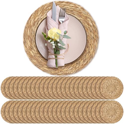 Aneco 48 Pack 13.8-Inch Round Woven Placemats Natural Hand-Woven Boho Rattan Wicker Bulrush Placemat Farmhouse Rustic Braided Table Mats for Dining & Kitchen Decor by Aneco