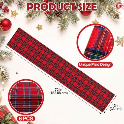 HunnmingRe 6 Pcs Red Christmas Tartan Plaid Table Runner 13 x 72 - Image 2