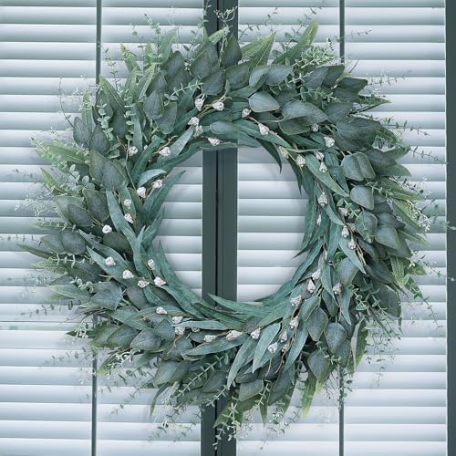 32" Large Artificial Eucalyptus Wreath with Seeds for Front Door(Green) by YXZZWL