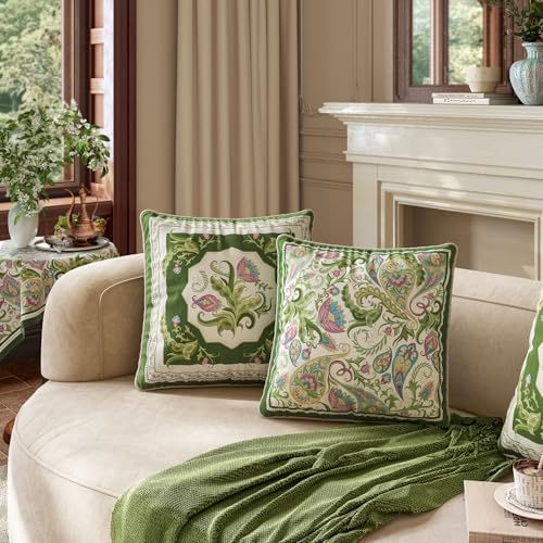 Vintage Green Floral Pillow Cover 18x18, Paisley - Image 7