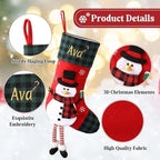 Personalized Christmas Stockings with Embroidered Name & Monogram,Custom 3D Xmas Character Stocking 5 Pack 18” Large,Santa,Snowman & Reindeer Fireplace Hanging Red Burlap Plaid Stockings(E) - Image 6