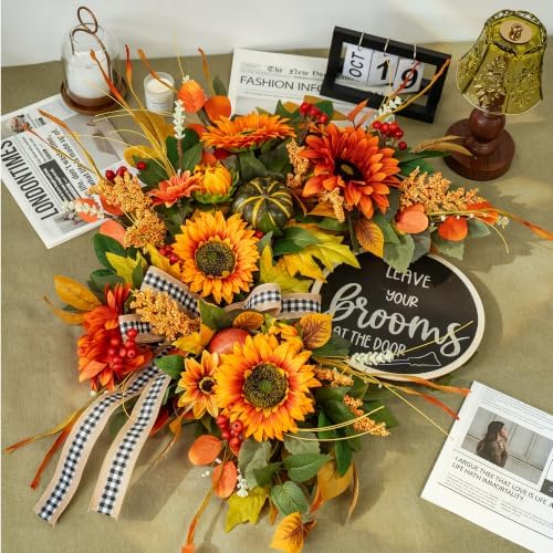Fall Wreaths for Front Door 24 Inch Outside, Autumn Rustic Sunflower Wreath - Image 3