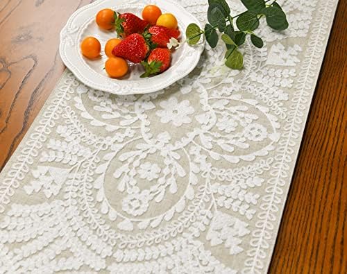 KEVA Boho Table Runner 110inches Long, Farmhouse Rustic Vintage White Embroidered Table Runners 13x110 Inch for Dining Table Decorations - Image 3