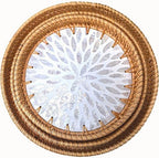 i-lan Set of 3 Rattan and Mother of Pearl Round Serving Trays,3pcs Desk Table Serving Platters,Woven Basket Inlaid Mother of Pearl Plates for Home Décor, Coffee Table,Display by ilan