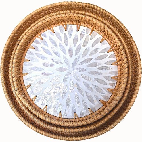 i-lan Set of 3 Rattan and Mother of Pearl Round Serving Trays,3pcs Desk Table Serving Platters,Woven Basket Inlaid Mother of Pearl Plates for Home Décor, Coffee Table,Display by ilan