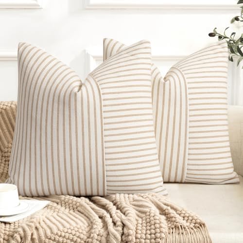YCOLL Farmhouse Euro Sham Pillow Covers 24x24, Modern Throw Pillow Covers Set of 2, Khaki and Beige Striped Patchwork Linen Decorative Pillows Cushion Covers for Bed Sofa Couch Living Room Home Decor by PillowCoversExpert