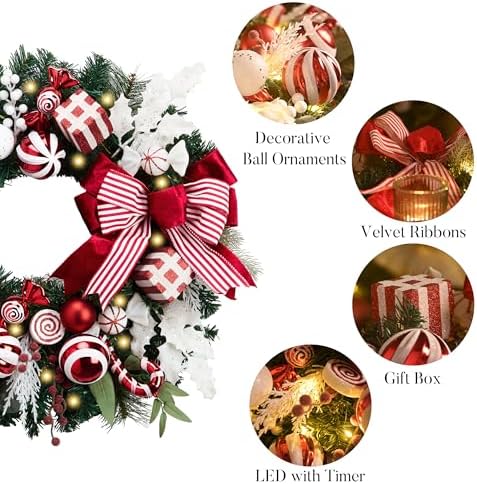 Valery Madelyn 24'' Pre-Lit Christmas Wreath for Front Door with Lights, Collapsible Lighted Outdoor Christmas Wreath with Red White Xmas Balls & Bow for Home Porch Fireplace Window Holiday Wall Decor - Image 5