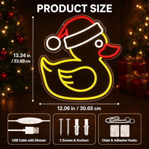 Christmas Duck Neon Sign for Wall Decor – USB Powered, Dimmable LED Wall Light with Santa Hat Icon for Bedroom, Kids’ Room, Home Bar, Window Display, Holiday Parties, Holiday or Birthday Gift - Image 3