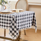 JIALE Gingham Tablecloth Rectangle Cotton Linen Fabric Checkered Table Cloth with Tassel Washable Wrinkle Free Buffalo Plaid Table Cover for Party Outdoor Picnic Kitchen Dining, Black White, 55x106 by JIALE