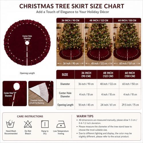 Wine Red Velvet Christmas Tree Skirt, 60 Inch Christmas Tree Skirt with Ruffled Edge and Pearl Trim - Image 5