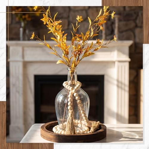 3 Pcs Rustic Country Tabletop Centerpieces, Boho Clear Tall Glass Vases Decor Wooden Serving Tray Wood Bead Garland with Tassels for Wedding Living Room Home Table Holder(Brown) - Image 6