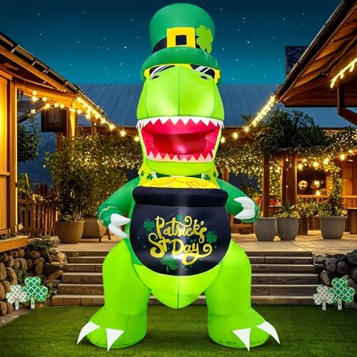 KOOY 5 FT St Patricks Inflatable Dinosaur Hold Gold Pot Outdoor Decor with Shamrock Hat, Saint Patricks Blow Up Inflatable Irish Decorations for Yard Holiday Party Blow Up Yard Decorations - Image 6