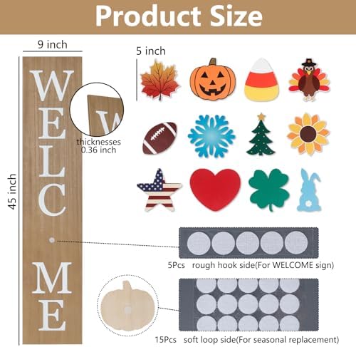Interchangeable Welcome Sign for Front Porch- 45"X9" Large Standing/Hanging Wooden Sign with 12 PCS Replaceable Icons for 4th of July Fall Halloween Porch Wall Yard Decorations - Image 3