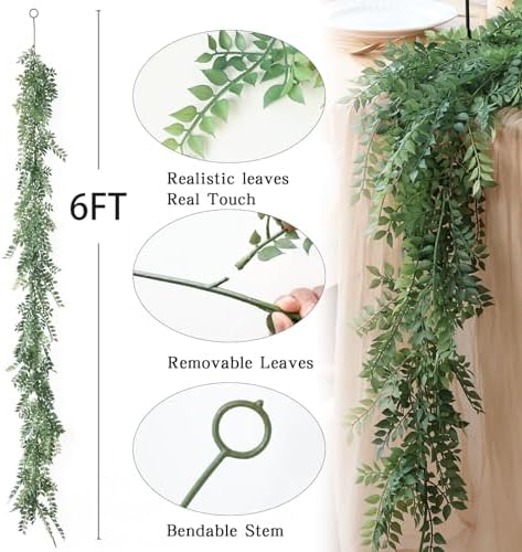 Mizii Artificial Vines Garland 6 Feet Fake Vine with Green Leaves Realistic Greenery Garland Faux Hanging Plants Greenery Decorations for Wedding Table Centerpieces Fireplace Mantle Room Decor - Image 2