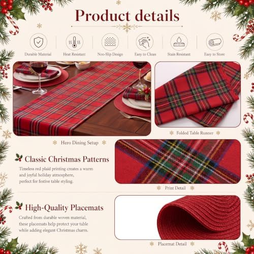 Fanfanwin 19 Pcs Christmas Table Runner Placemat Set, Red Tartan - Image 3