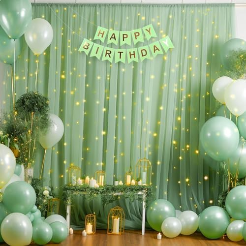 20x10ft Olive Green Tulle Backdrop Curtain with Lights String for Parites, Sheer Backdrop Curtains for Wedding Baby Shower Birthday Party Photo Shoot Decorations - Image 7