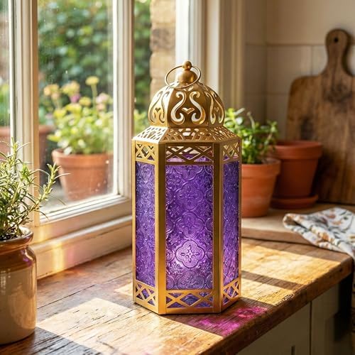 VELA LANTERNS 12" Metal Moroccan Decorative Candle Lantern Holders for Hanging or Table, Indoor Home Decor, Outdoor Patio or Porch, Weddings, Gold, Purple Glass, Large, Set of 2 - Image 3