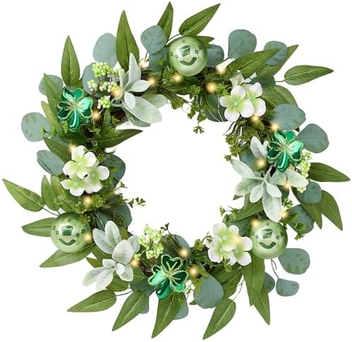 Valery Madelyn Collapsible St. Patrick's Day Door Wreath with Light, Spring Wreath with Shamrock Clover Ornaments for Table Centerpiece, Prefect Gift and Decoration for Irish Festival Party-24'' by ValeryMadelyn