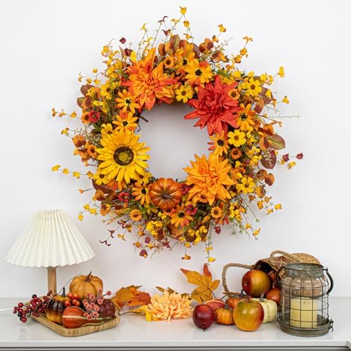 JINGHONG Artificial Fall Wreath 22 Inch Fall Wreaths for Front Door Autumn Flower Wreath with Sunflower Daisy Dahlia Pumpkin for Indoor Outdoor Window Wall Porch Harvest and Thanksgiving Celebration - Image 3