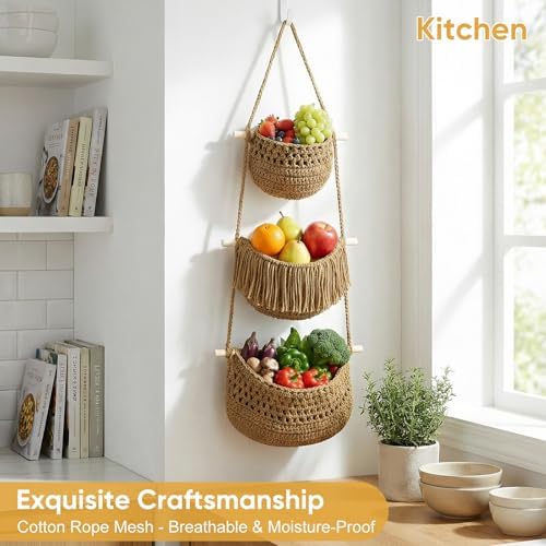 Macrame 3-Tier Hanging Wall Basket, Handwoven Jute Storage Organizer, Boho Decor for Kitchen, Bathroom, Living Room, Natural Cotton Rope Fruit Holder (Dark Gray) - Image 3