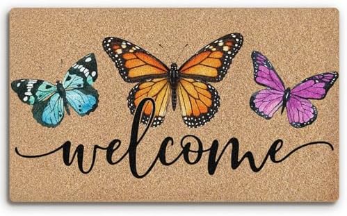 Butterfly Coco Coir Doormat Door Welcome Mat for Home Entrance Front Door, Summer Rustic Farmhouse Butterfly Welcome Floor Mats for Outdoor Outside Entryway 30x17 Inch by BitKAM