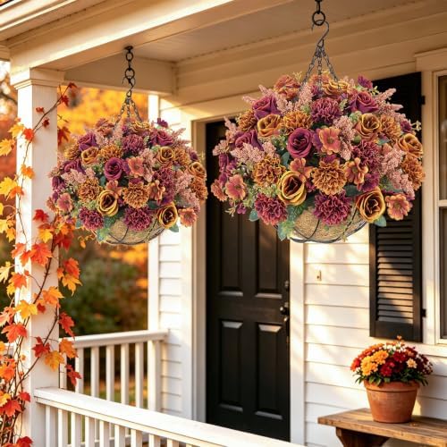 GTIDEA Fall Hanging Baskets 16 Pcs Artficial Fall Flowers for Outdoors - Image 4