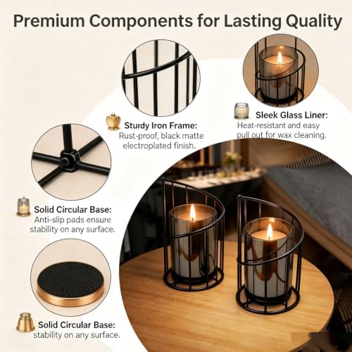 Metal Wire Candle Holder Set with Glass Inserts, Gold and Black Decorative Tea Light Holders, 2 Piece Set, 16cm and 20cm - Image 4