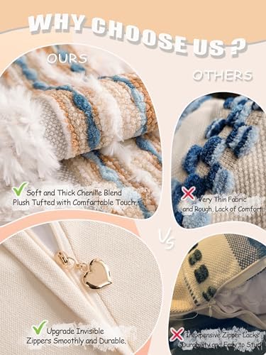 Boho Chenille Tufted Couch Throw Pillow Covers 18x18 Inch Set of 2 Farmhouse Striped Decorative Pillow Covers Accent Neutral Pillowcase Caramel Brown Blue Cushion Cover for Livingroom Sofa Bed - Image 5