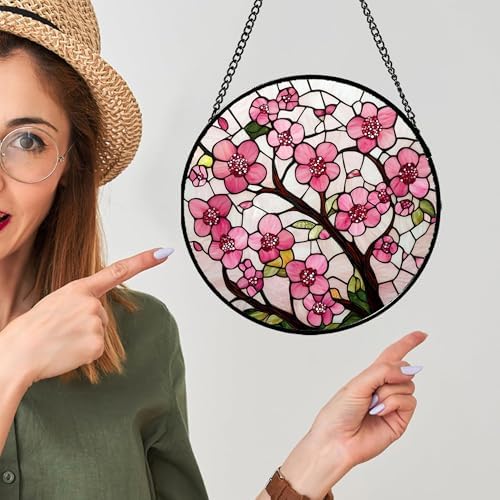 Pink Cherry Blossoms Stained Glass Window Hanging Suncatcher Gifts 12" - Image 4