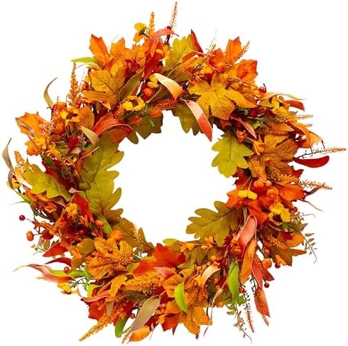 24” Fall Wreaths for Front Door, Autumn Wreath with Leaves, Bumpkins, Berries and Sunflowers for Fall Garland Thanksgiving Day Halloween Indoor Outdoor Wall Home Decor by UdoulaFlowersforLife