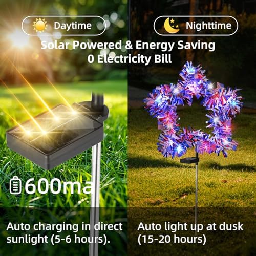 2 Pack July 4th American Flag Solar American Flag Lights July 4th Solar Patriotic Flag Lights, 8 Modes Garden Pile Lights 50 LED Garden Landscape Lights Street Lights (Red White & Blue) - Image 6