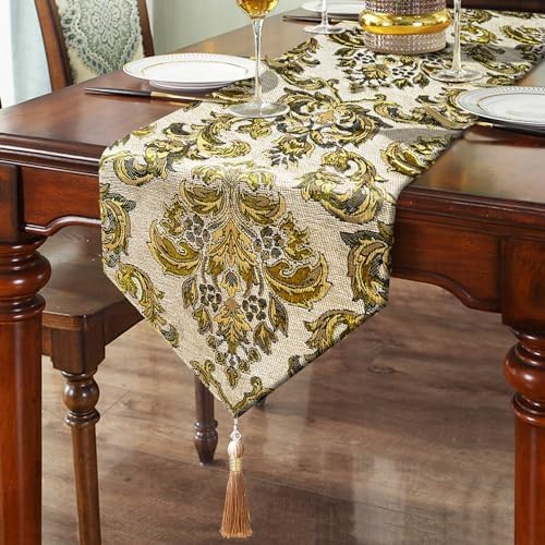 Large Dinner Table Runner Jacquard Chenille Floral Tablecloths Beige 120" by HeMiaor