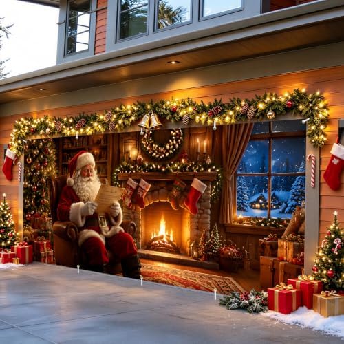 Cozy Christmas Santa Garage Door Banner Mural - Classic Santa Claus Reading Letter by Fireplace Backdrop - Large 7x16ft Winter Holiday Outdoor Wall Decor - DurableFabric Cover for Home Xmas Party - Image 6