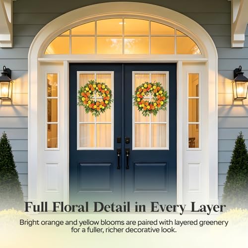 26" Large Summer Fall Wreath for Front Door, Artificial Orange Yellow Marigold Floral Wreath with Green Leaves, Flower Wreath for Home, Rustic, Farmhouse, Indoor, Outdoor Décor - Image 3