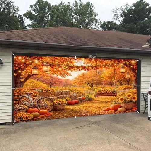 13X6Ft Fall Garage Door Banner Autumn Pumpkin Hanging Backdrop Hay Leaves Door Cover Fall Thanksgiving Wall Decorations Photo Background for Home Party Outdoor Yard Holiday - Image 4