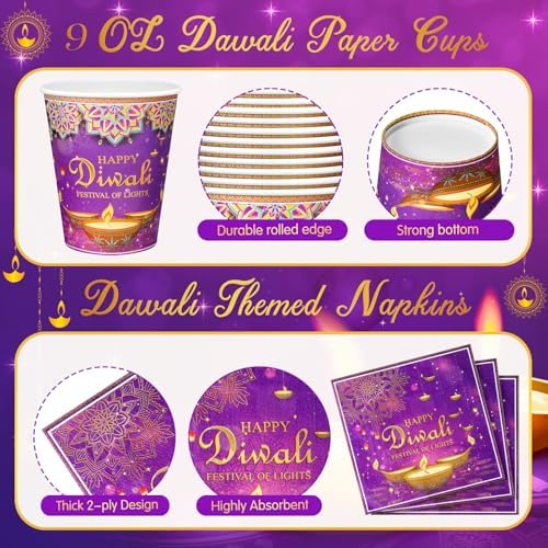 Potchen 350 Pcs Happy Diwali Party Supplies India Festival of Lights Disposable Tableware Include Paper Plates Cups Napkins Knives Forks and Spoons for Diwali Indian Deepawali Hindu Party Decoration - Image 5