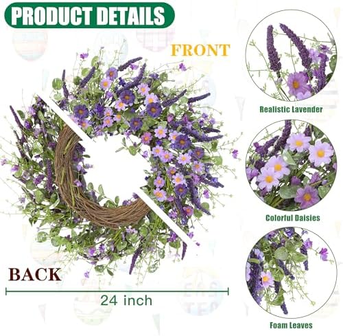 Sggvecsy Purple Daisy Wreath 24 Inch Spring Summer Wreath with Fake Silk Floral Green Eucalyptus Leaves and Lavender for Front Door Window Wall Wedding Farmhouse Festival Decor - Image 7