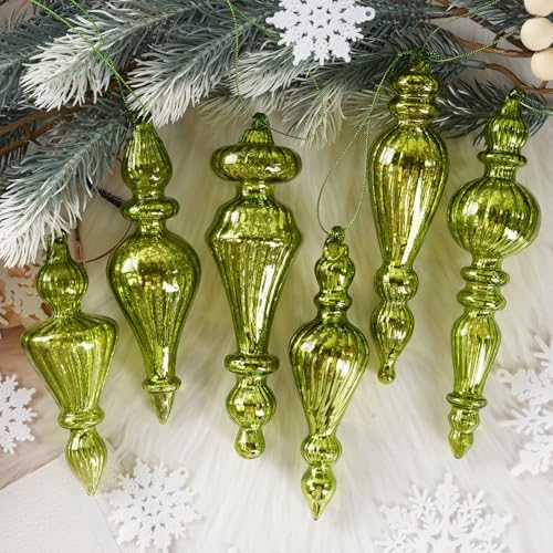 Mercury Glass Christmas Ornaments, Vintage Finial Decor, Moss Green, 6-Pc by OuMuaMua