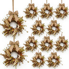 12 Pcs Small Fall Hanging Wreaths with Artificial Autumn Eucalyptus Greenery White Buds Beige Spikes Mini Cabinet Wreath for Home Table Centerpieces Kitchen Farmhouse Thanksgiving Party Decor by EYNDYN