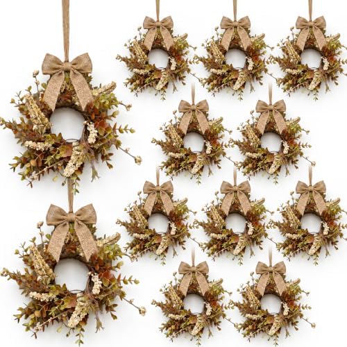 12 Pcs Small Fall Hanging Wreaths with Artificial Autumn Eucalyptus Greenery White Buds Beige Spikes Mini Cabinet Wreath for Home Table Centerpieces Kitchen Farmhouse Thanksgiving Party Decor by EYNDYN